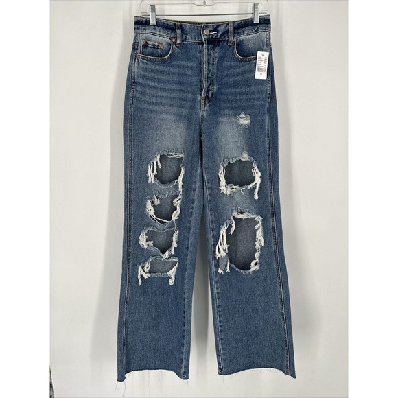 Pacsun Button Fly Distressed Ripped Baggy Jeans Sz 28 Wide Leg Women Raw Hem NWT - Picture 1 of 10
